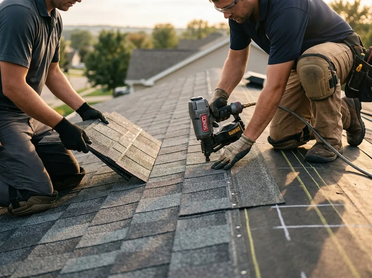 Professional roofer working on a residential roof in Killingworth